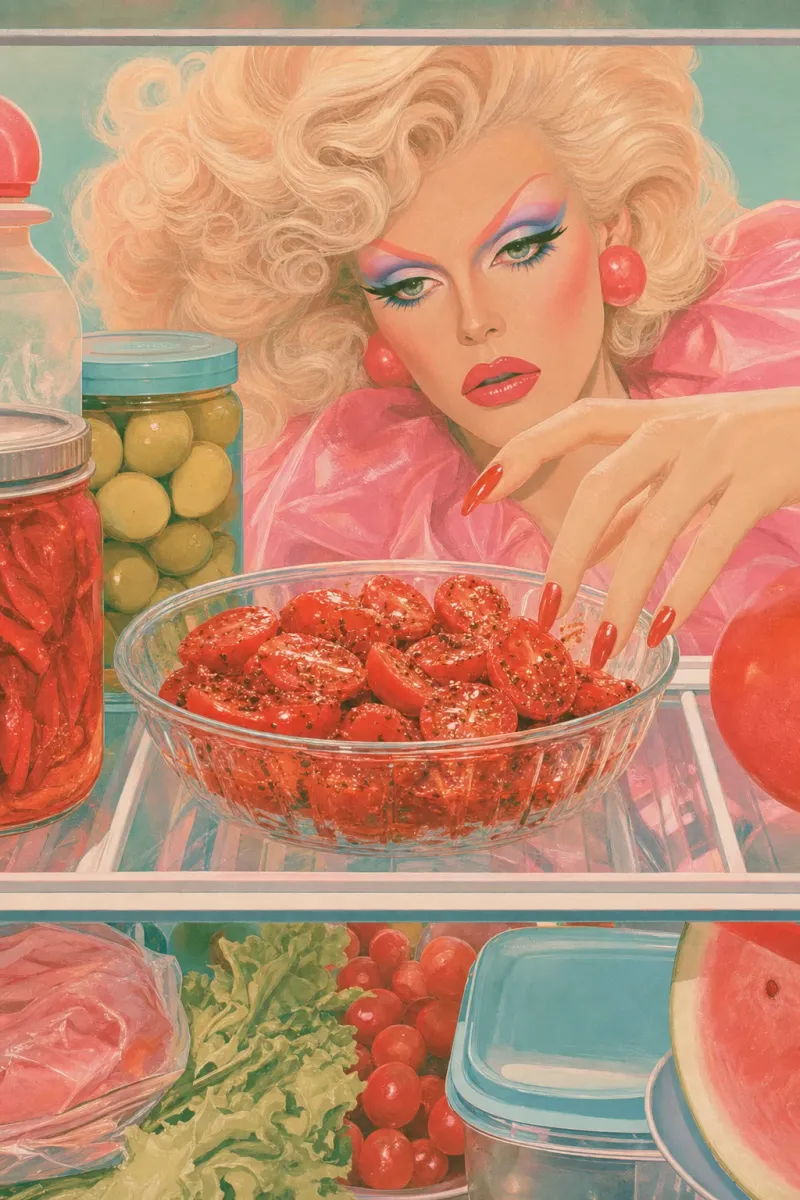 Grape tomatoes in kimchi drag