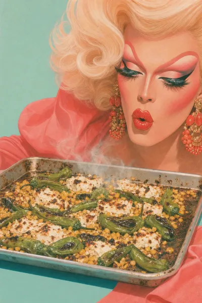 Feta under the broiler with corn and shishitos