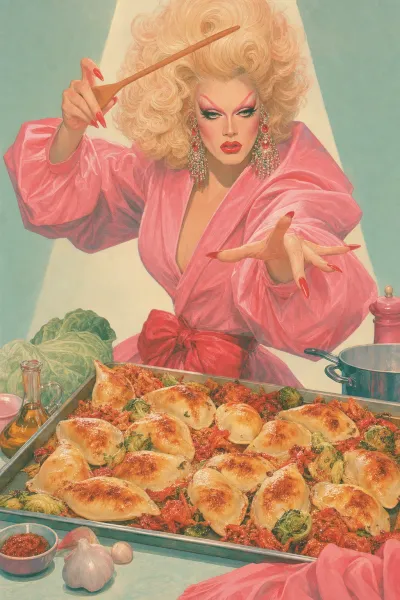 Sheet-pan pierogies with kimchi and Brussels