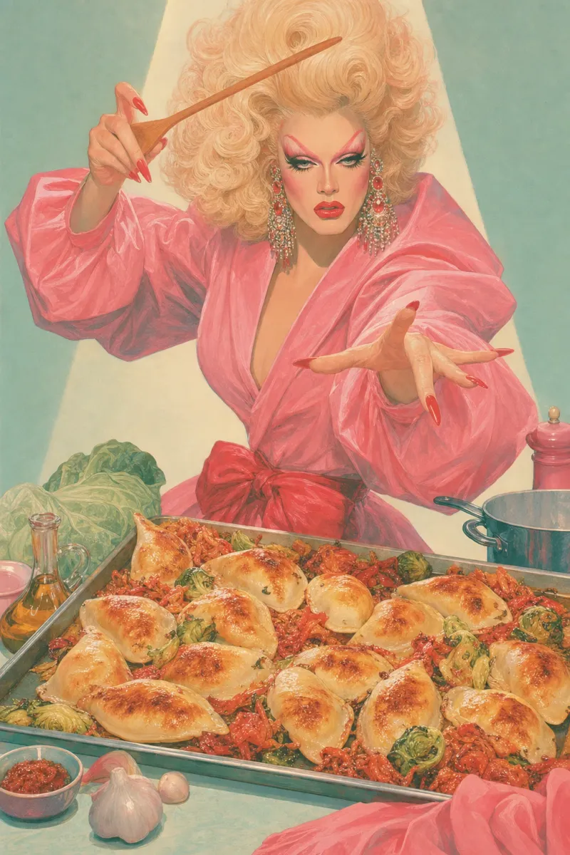 Sheet-pan pierogies with kimchi and Brussels