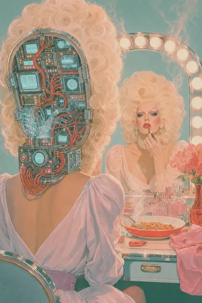 The Contessa at her vanity, seen from behind: the back of her head is open like a cabinet, packed with glowing screens and coral wiring, while her flawless face applies lipstick in the mirror.